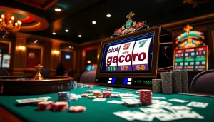 Experience the excitement of slot online gacor with a vibrant slot machine and poker chips in an elegant casino setting.