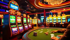 Berlian888 slot machines and vibrant casino scene enticing players to win.