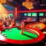 Experience the vibrant excitement of gambling at https://go8.live/ with a luxurious casino scene featuring card tables and roulette wheels.