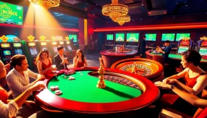 Experience the vibrant excitement of gambling at https://go8.live/ with a luxurious casino scene featuring card tables and roulette wheels.