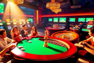 Experience the vibrant excitement of gambling at https://go8.live/ with a luxurious casino scene featuring card tables and roulette wheels.