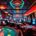 88clb vibrant casino atmosphere with diverse gaming tables and excited players.