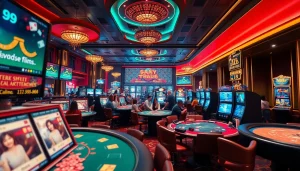 88clb vibrant casino atmosphere with diverse gaming tables and excited players.