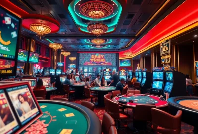 88clb vibrant casino atmosphere with diverse gaming tables and excited players.