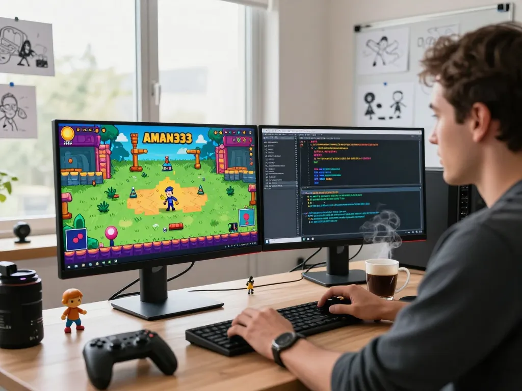 Game designer working on AMAN333 animation in a modern office setup.