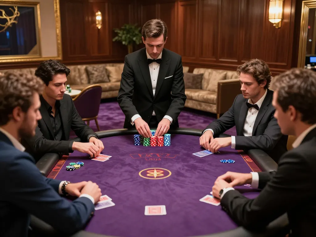 Bongdalu VIP players engaged in high-stakes poker game, showcasing strategic gameplay in an upscale casino setting.