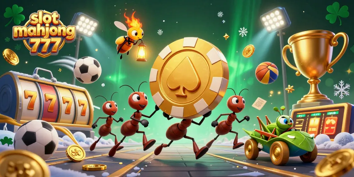 Engage with slot mahjong 777 as ants steal a giant poker chip amid spinning reels and gold coins.