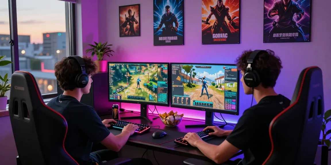 Gamer in a modern setup with dual monitors showcasing link slot gaming strategy and action.